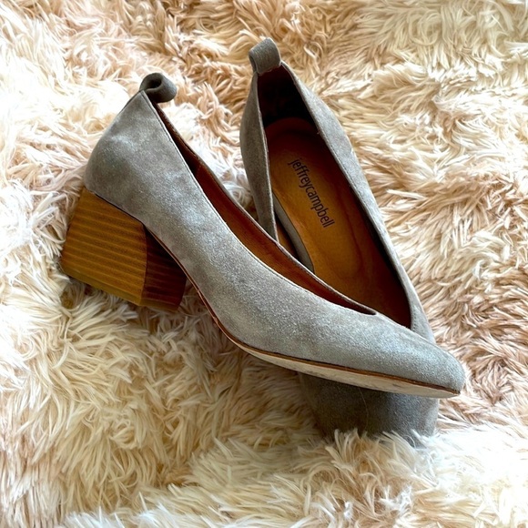 JEFFREY CAMPBELL Bitsie Grey Suede Retro Round Toe Wooden Block Heels | Size 6.5 - Picture 1 of 8